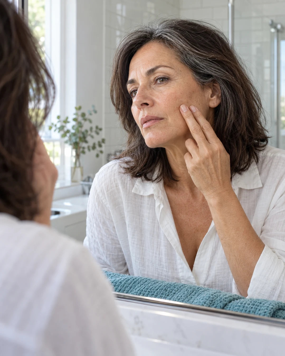 Mujer observando cómo siente su piel frente al espejo. Imagen ilustrativa.