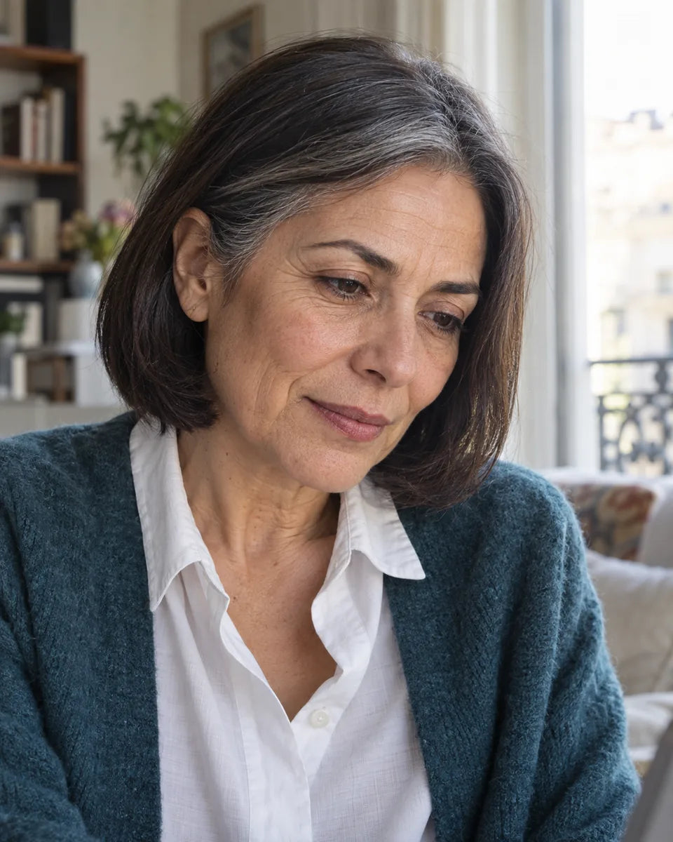 Una mujer en un momento cotidiano, con piel de aspecto natural