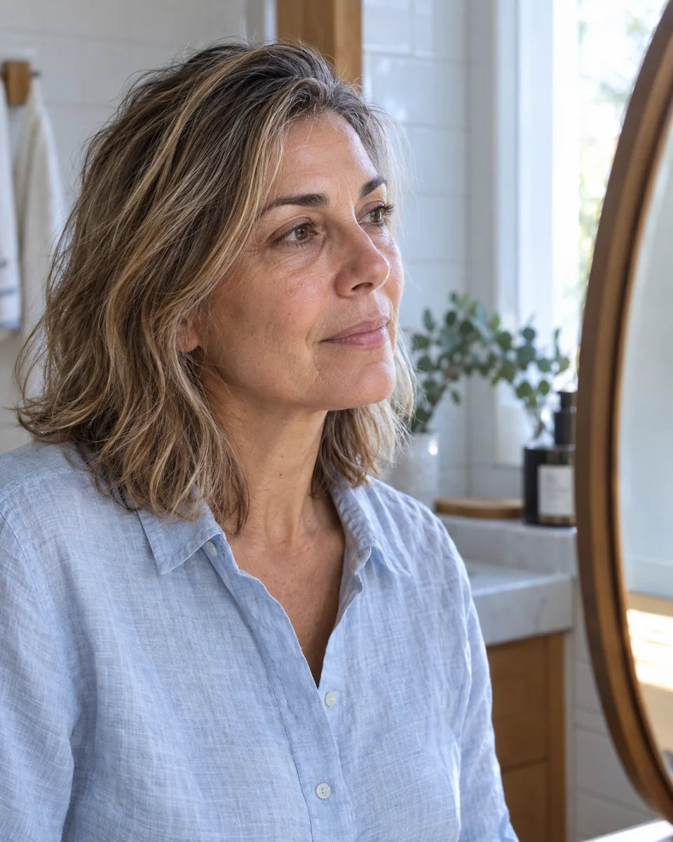 Una mujer observa su piel con luz natural
