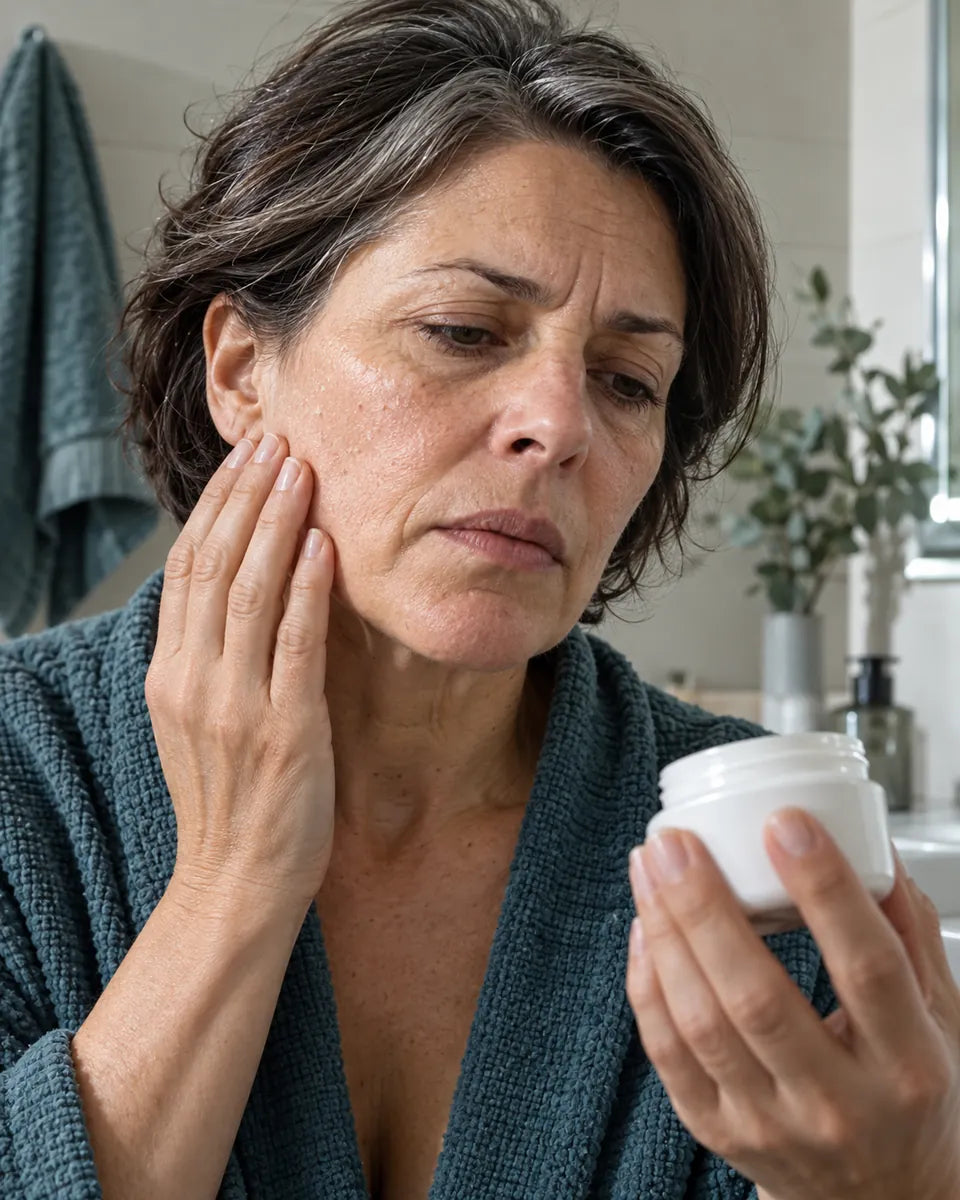 Mujer tocándose la mejilla seca mientras sostiene una crema